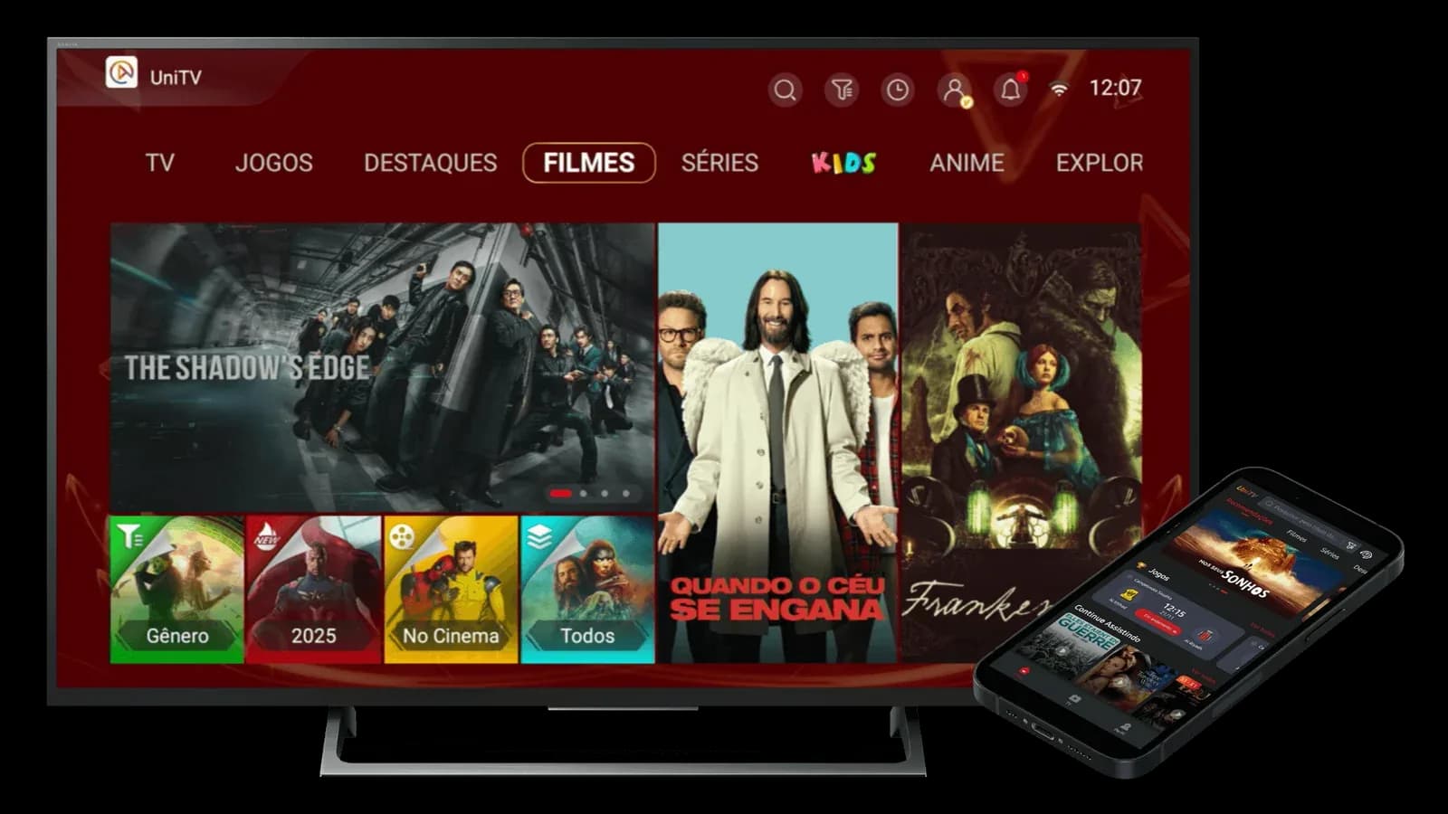 Aplicativo UNITV rodando na TV e no celular ao mesmo tempo